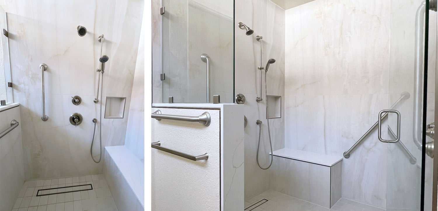 Aging-in-place bathroom: a curbless walk-in shower with grab bars, a handheld shower head and a built-in bench