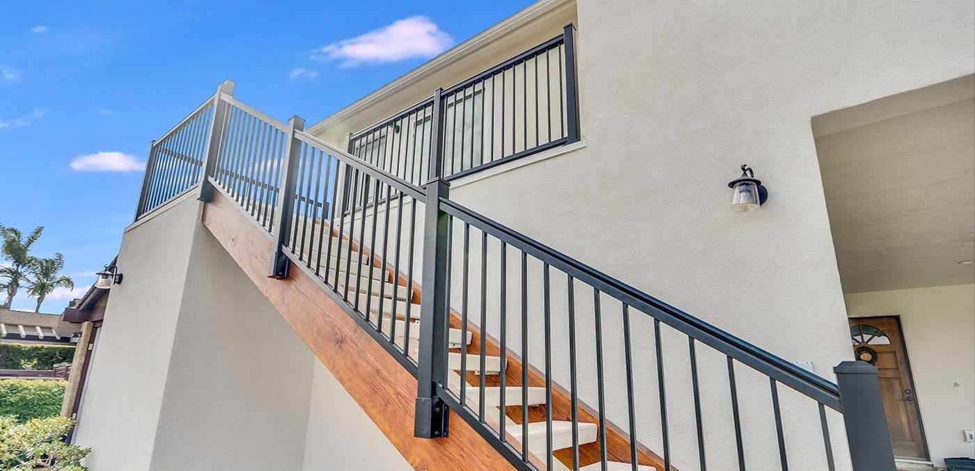 Looking up the exterior staircase to the attached ADU in Mira Mesa