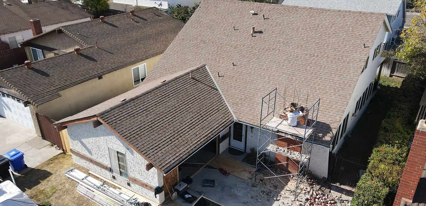 Aerial view of the garage roof being opened up for the attached ADU in Mira Mesa