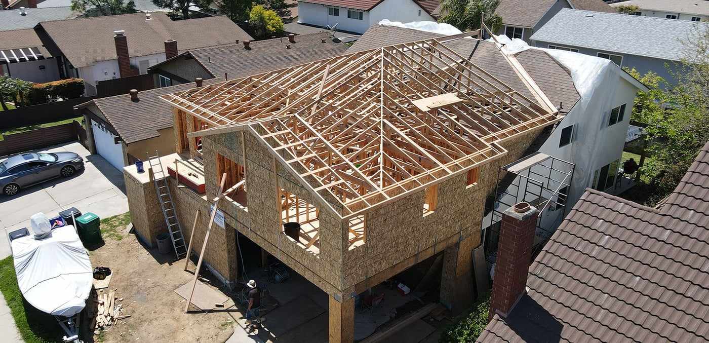 Aerial view of the attached ADU wall and roof framing above a Mira Mesa garage