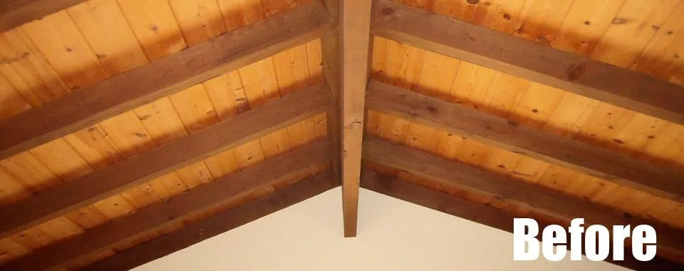 Before: open-beam wood ceiling