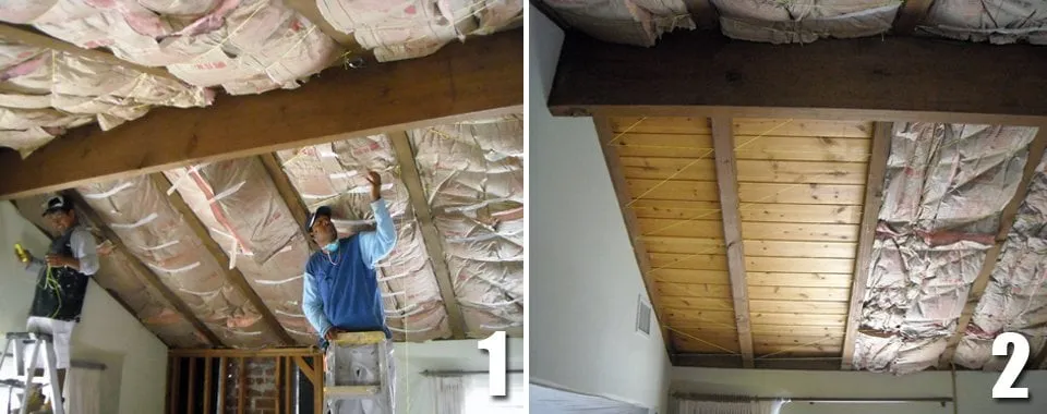 Steps 1 and 2: crew fitting insulation between the ceiling beams