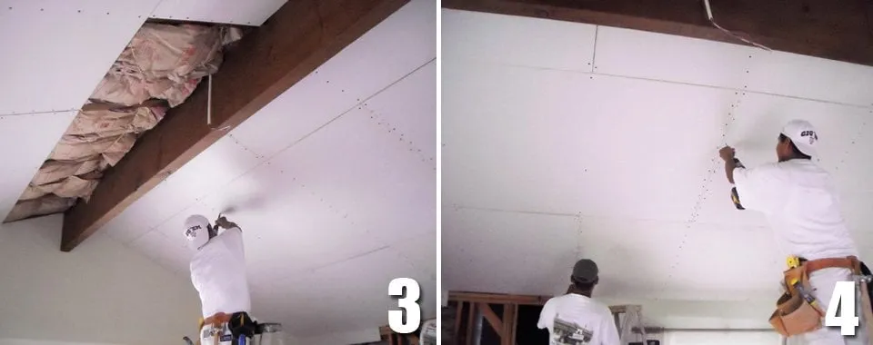 Steps 3 and 4: crew covering the insulated ceiling with drywall