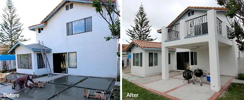 Before and after: a back patio becomes a covered patio with a balcony above