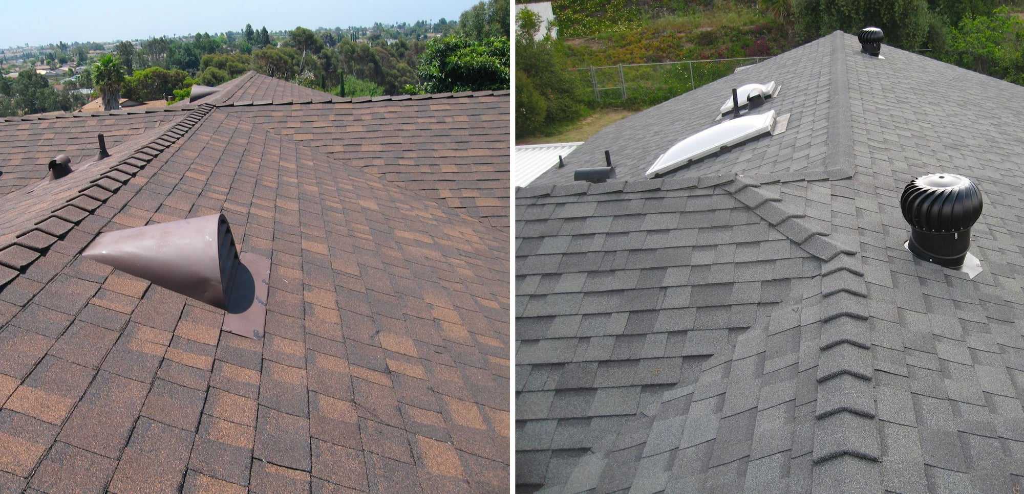 Roof ventilation on two shingle roofs: low-profile vents and a turbine vent