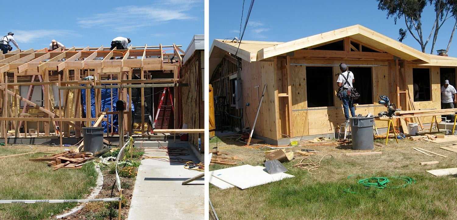 Roofline change in progress: a crew frames the new roofline, then sheathes it