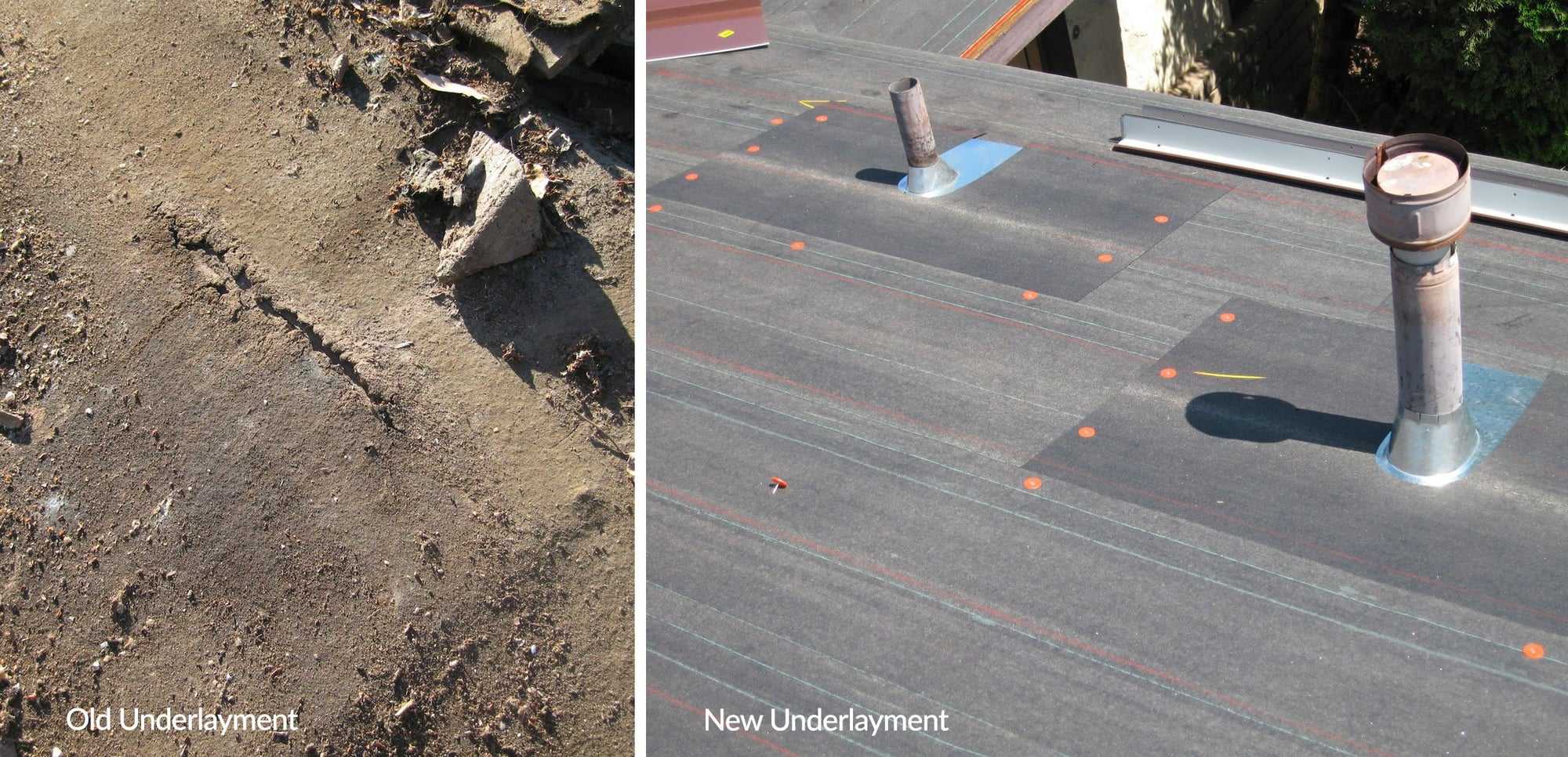 Roof maintenance: worn old underlayment beside new underlayment