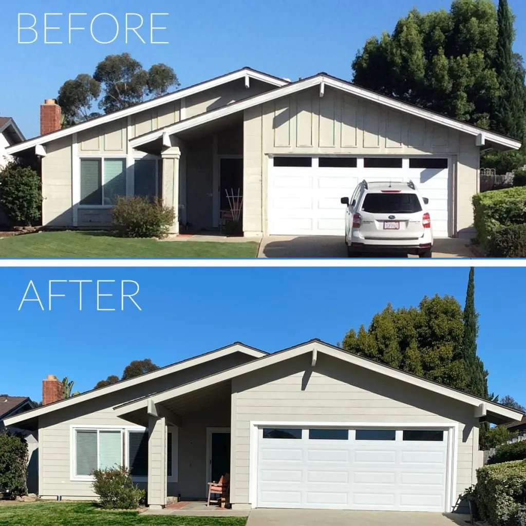Before and after: a single-story home with new siding and a new garage door