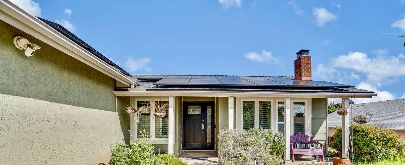 Front of a single-story Poway home with solar panels on the roof
