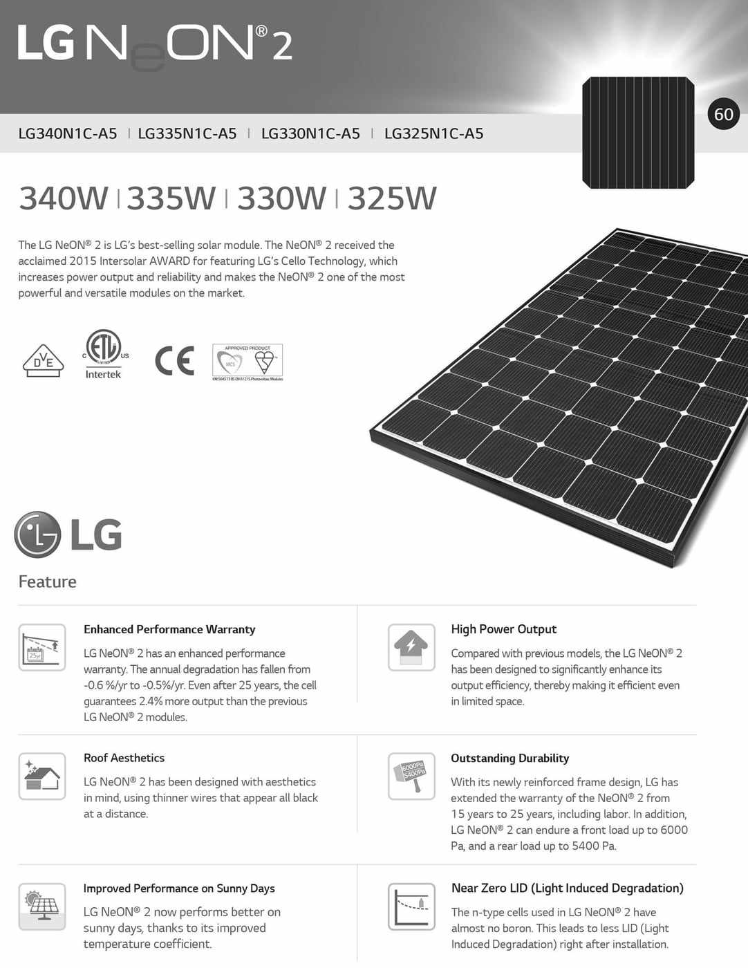 LG NeON 2 solar panel product sheet: 340W, 335W, 330W and 325W models